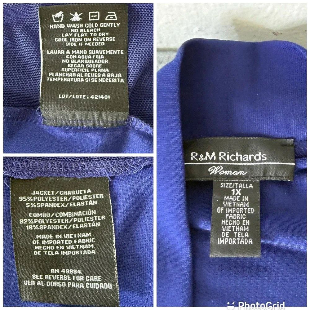 New‎ R And M Richard's Royal Blue Sheer 3/4 Sleeve Jacket And Dress Womens 1X